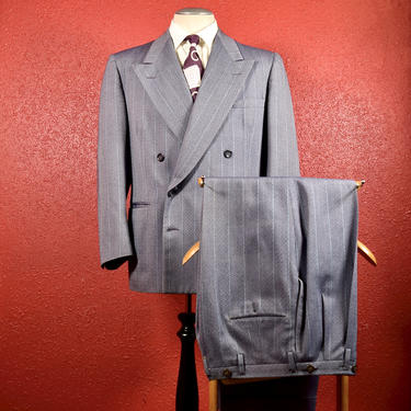 Fantastic 1940s Gray And Blue Basket Weave And Pin Stripe Double Breasted Suit 