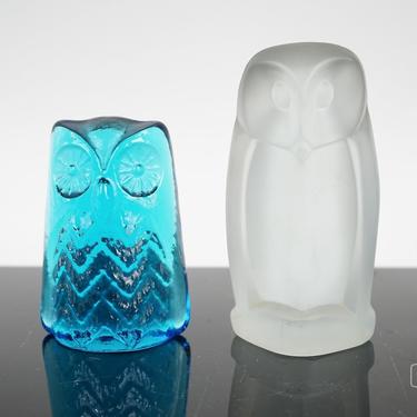 2 Glass Owls, Clear Frosted and Blue