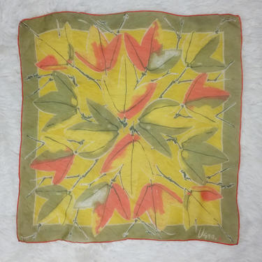 Iconic Vera Neumann Vintage 60s Olive Green, Yellow and Orange Graphic Leaves Square Scarf 