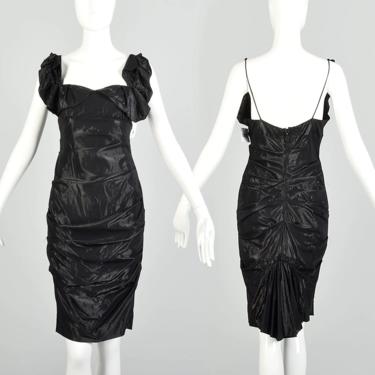Small 2000s Nicole Miller Collection Shiny Black Lamé Ruffle Evening Cocktail Party Dress 