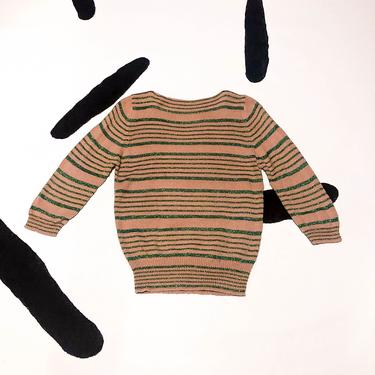 80s Peach and Green Lurex Glitter Stripe Sweater / Boat Neck / Orange / Three Quarter Length Sleeves / Knit / Pastel / Metallic / Ribbed / 