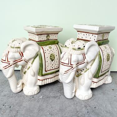 Pair of Green and White Elephant Garden Seat