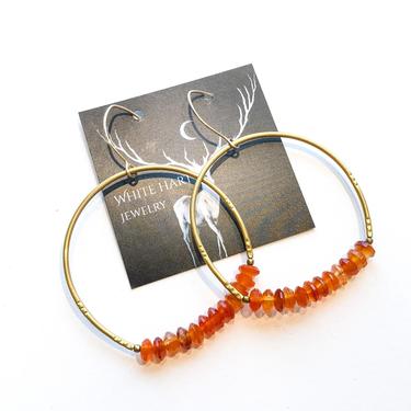 Carnelian Beads and Brass Hoop Earrings