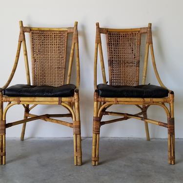 Vintage Coastal Boho Chic Bamboo and Rattan Dining Chairs - a Pair 