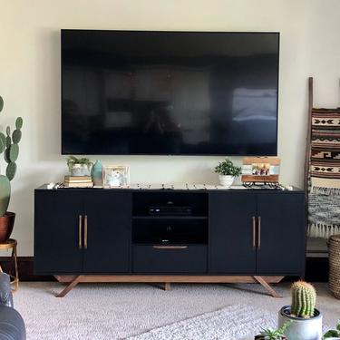 NEW Hand Built Mid Century Style TV Stand / Buffet / Credenza. Black and Walnut 1 Drawer and 2 Door with Angled Leg Base ~ Free Shipping! 