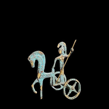 Mid Century Modern Small Metal Sculpture Warrior Holding a Spear Chariot Etruscan Horse Verde Gris Finish Mythology Frederick Weinberg Style 
