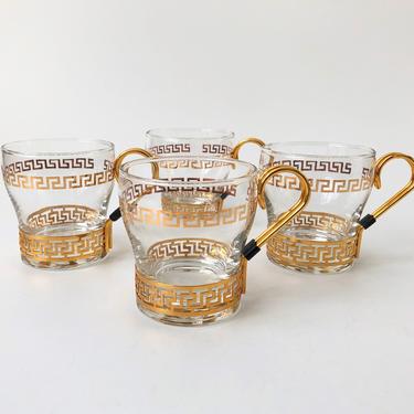 Vintage Greek Key Mugs with Brass Holders / Set of 4 