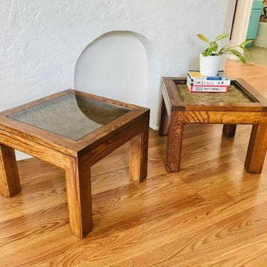 MID CENTURY MODERN Pair of 70's Parson's Wood End Tables with Cork Inlay | Side Tables | Retro 