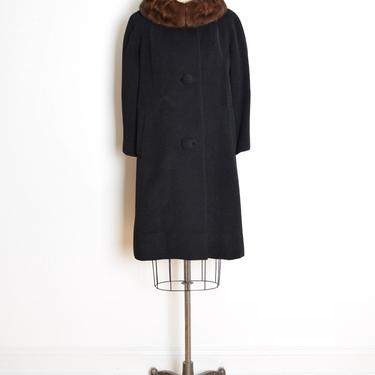 vintage 50s coat black wool brown mink fur ring collar stroller jacket L clothing 