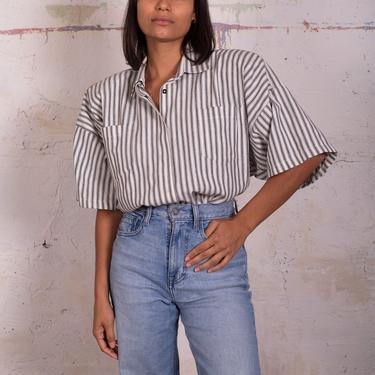 1980s Norma Kamali Striped Button Down Shirt with Structured Shoulders S M OMO 80s Blouse Top White + Navy Collared 