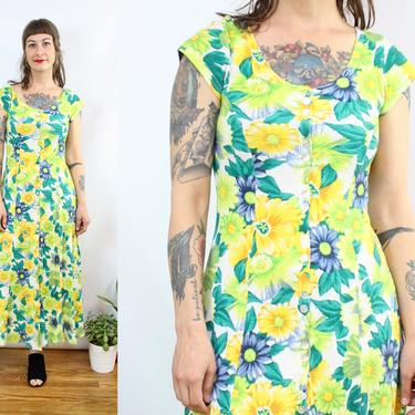Vintage 90's Neon Green Floral Midi Dress / 1990's Summer Floral Dress / Henley Stretchy / Women's Size Small Medium by Ru