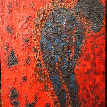Vintage STEPHANOS ABSTRACT Figural PAINTING 28x22&amp;quot; Oil on Canvas, Impasto Mid-Century Modern Art expressionist brutalist red eames era 