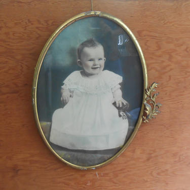 Antique Tinted Baby Photo Metal Decorative Frame Oval Ornate Brass Frame Hand Tinted Colored White Dress Smiling Baby Picture 