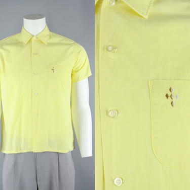 1950s COTTON Shirt | Vintage 50s Men's Short Sleeve Yellow Summer Shirt with Embroidery | Medium 
