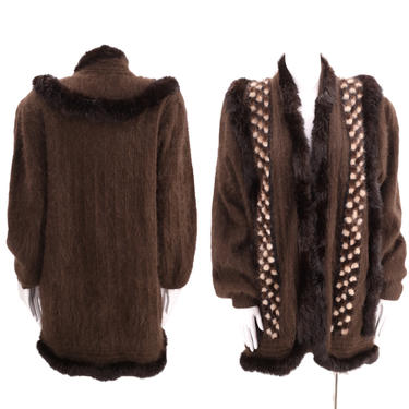 80s mink Angora fur cocoon coat L / vintage 1970s 80s soft brown sweater knit rabbit coat jacket puff shoulder M-L 