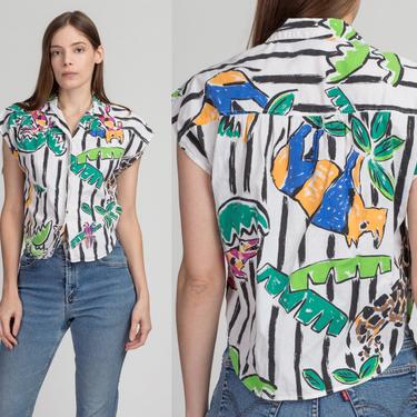 80s Striped Jungle Animal Top - Medium | Vintage Button Up Short Sleeve Collared Cropped Shirt 