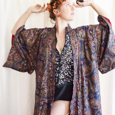 Vintage Floral Print Kimono Wrapper |  Jewel Tones + Gold | 1980s | One Size Fits Most 