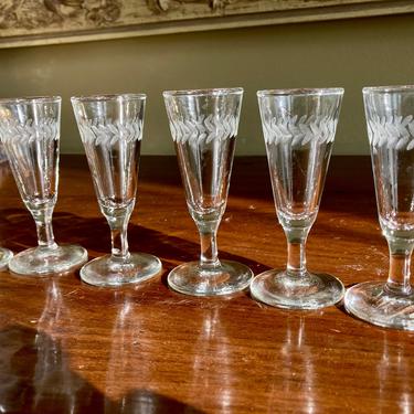 Six Etched Apperitif Cordial Glasses with Olive leaf Band 