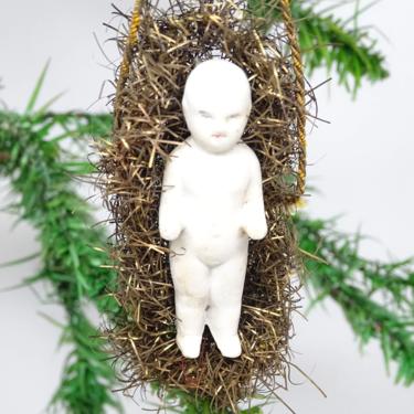 Antique German Baby Jesus in Tinsel Basket Christmas Ornament, Vintage Nativity Manger for Feather Tree, China Bisque 