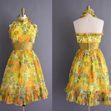 vintage 1960s dress - golden floral chiffon halter bridesmaid cocktail party dress - Size Small - 60s dress 