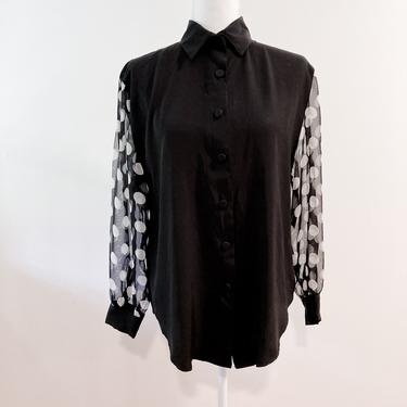 80s Black and White Polka Dot Blouse with Sheer Sleeves | Medium 