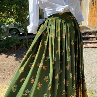 90’s Beautiful olive green high waist pleated skirt~ knife pleats~ 1990’s boho VTG paisley size 27” waist 
