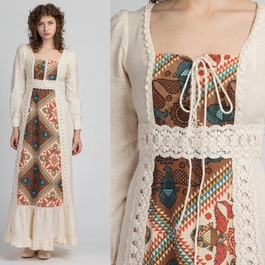 Vintage Gunne Sax Black Label Eagle Print Prairie Dress - Small | 60s 70s Renaissance Lace Trim Floor Length Gown Formal Maxi Dress 