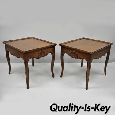 Pair French Country Shell Carved Walnut End Tables Scalloped Edge Skirt Henredon
