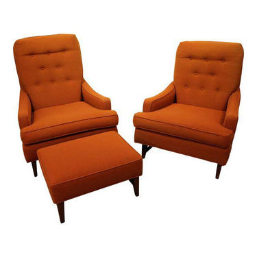 Mid-Century Chairs Danish Modern 3-Piece His &amp; Hers Orange Lounge Chair Ottoman Set 
