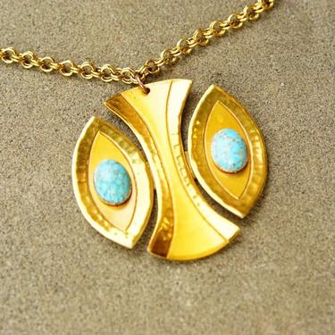 Vintage Signed Moda Handmade Gold Tone Faux Turquoise Pendant Necklace, Modernist Pendant Necklace, Handmade In Malta, 24 3/4&amp;quot; Long 