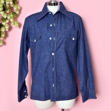 Vintage Men's Denim Shirt by Morrie Geyer Palm Springs, 1960's, LIKE NEW Blue Jean Denim Check Dress Shirt Top, Long Sleeve Oxford Button Up 