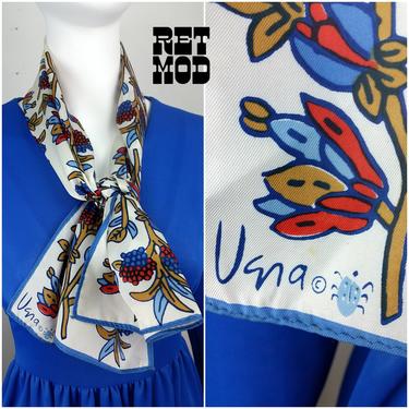 Pretty Vintage 70s Blue, Red, Beige and White Botanical Floral Long VERA Scarf 
