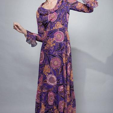 maxi batik dress purple long bell sleeves ruffles vintage 70s M MEDIUM 