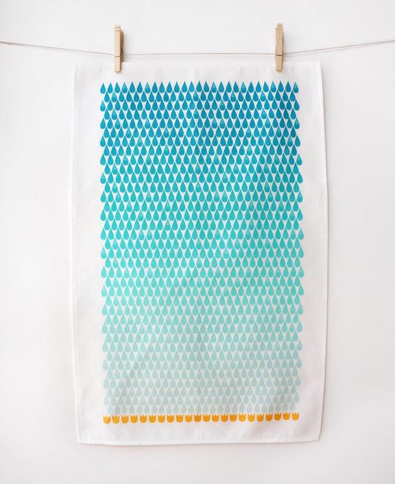 Spring Rain tea towel • yellow tulips and turquoise ombre • linen-cotton blend 