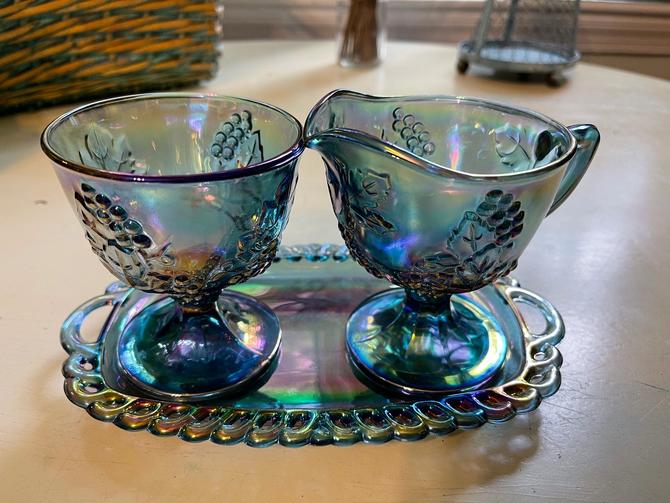 Vintage Blue Indiana Glass Cream and Sugar Set Mid Century