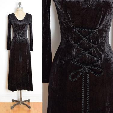 vintage 90s dress black crushed velvet goth corset romantic maxi medieval XS S clothing lace up cosplay 