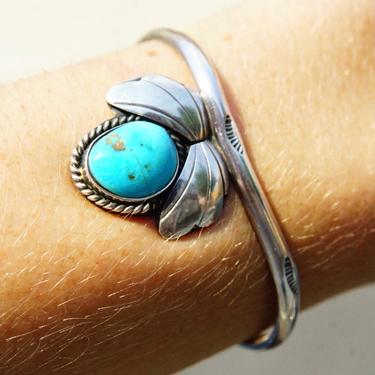 Vintage Native American Sterling Silver &amp; Turquoise Cuff Bracelet, Modernist Hammered Silver Wire Cuff, Blue Turquoise Stone, 5/1/2&amp;quot; L 