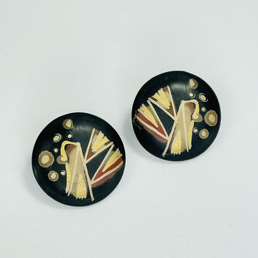 Vintage 1980s Matte Black Earrings with Gold Yellow and Red Abstract Design 
