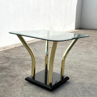Brass and Glass Side table with Black Lacquer Base