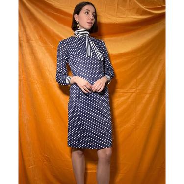 70s Blue and White Polka Dot Dress with Necktie Collar 