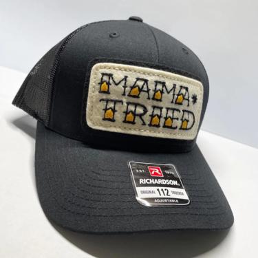 Black trucker / baseball snap back hat with ‘Mama Tried’ tattoo lettering hand-stitched patch - vintage style - traditional tattoo flash 