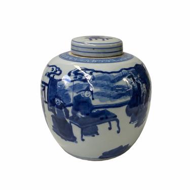 Hand-paint Scholars Graphic Blue White Porcelain Ginger Jar ws1746E 