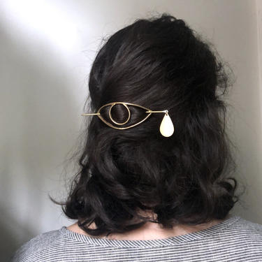 Large Eye Hair Slide in Solid Brass with Dangling Tear Drop from Hair Stick Handmade 