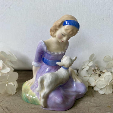Vintage Royal Doulton Mary Had A Little Lamb Figurine, Blonde Girl Seated With Lamb On Lap, Lavender Dress With Blue Belt 