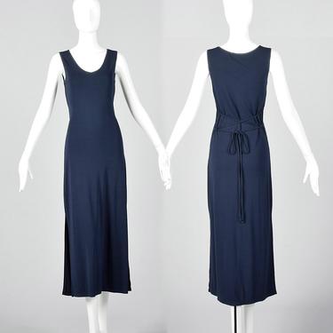 Medium 1990s Mary McFadden Maxi Dress Tie Back Waist Sleeveless Knit Maxi Dress Navy Blue Casual 90s Vintage 