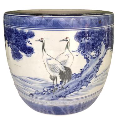 Blue and White 1950s Japanese Ceramic Hibachi with Hand Painted Decoration of Cranes, Pine Trees and Mountains.