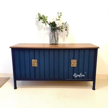 BEAUTIFUL refinished navy blue dresser / tv stand or nursery on legs By Heritage 