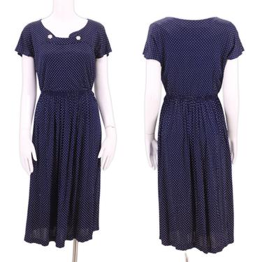 50s navy nylon dot dress / vintage 1950s blue polka dot print slinky day dress M-L 