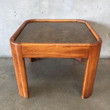 Vintage Oak Side Table With Cork &amp; Glass Top