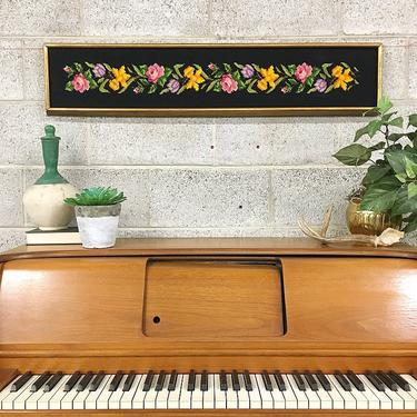 LOCAL PICKUP ONLY Vintage Floral Needlepoint 1980's Retro Size 9x42 Long Rectangular Wall Art Rose Flowers and Leaves in Gold Wood Frame 